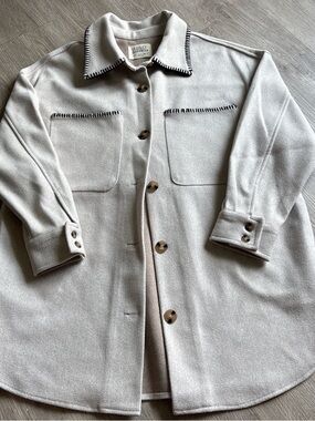 Cream Button-Front Wool Blend Jacket with Black stitching